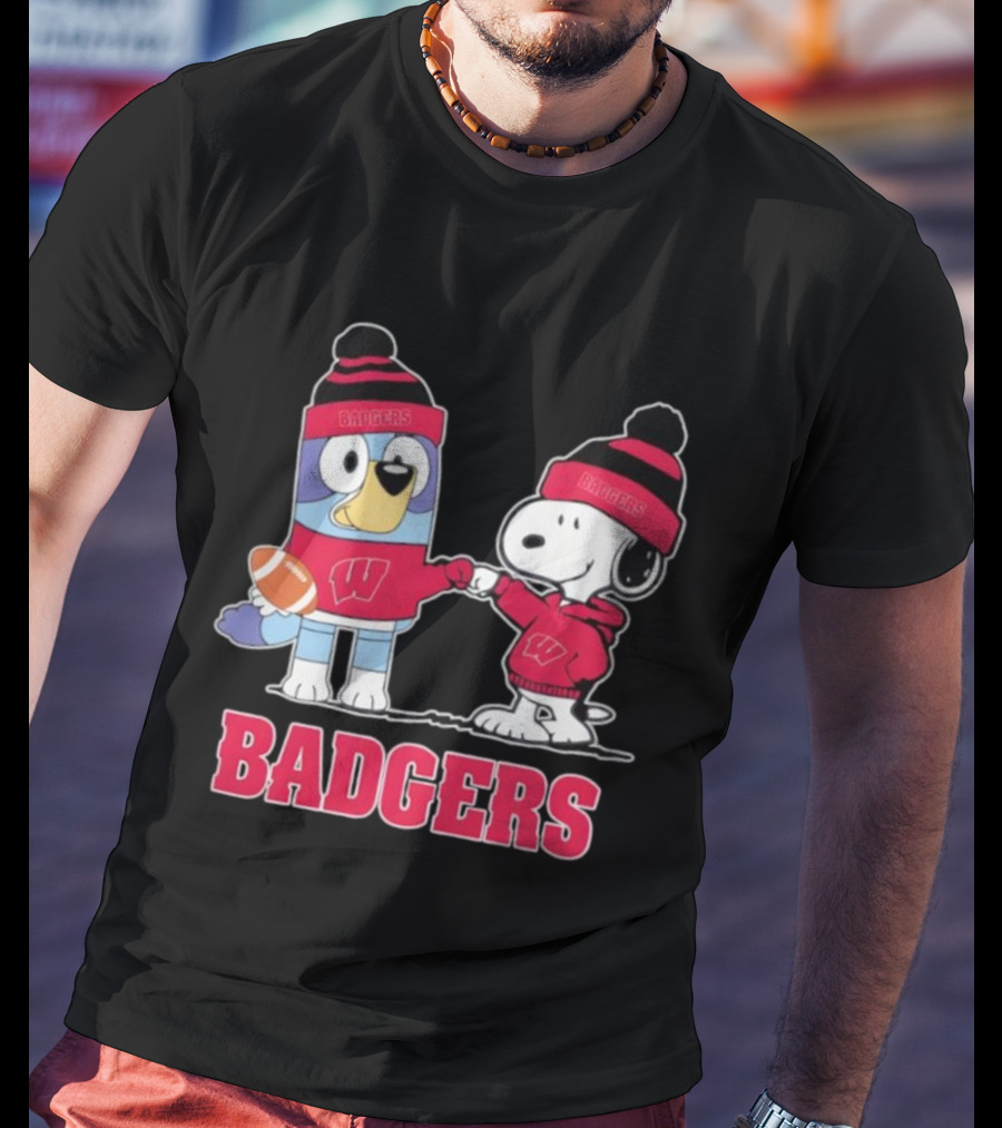 Snoopy Bluey Wisconsin Badgers Football Collaboration Fist Bump T-Shirt