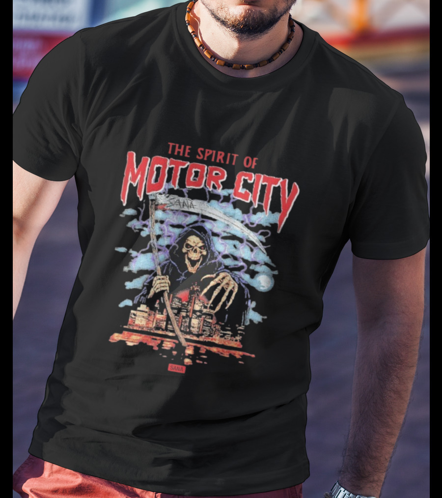 The Spirit Of Motor City Sana Grim Reaper Halloween Skeleton Scythe Urban Cityscape T-Shirt