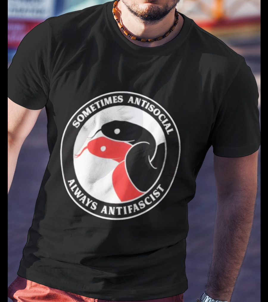 Sometimes Antisocial Always Antifascist Snakes Circle Logo Two Snakes Black And Red T-Shirt