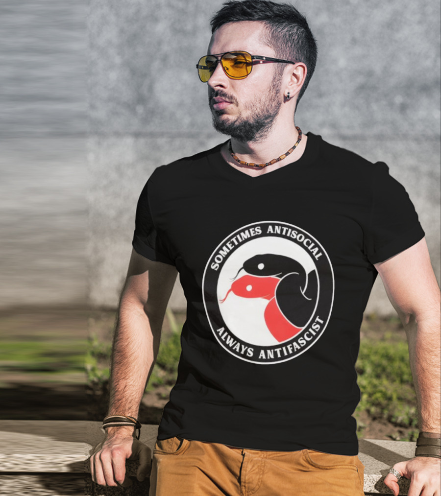 Sometimes Antisocial Always Antifascist Snakes Circle Logo Two Snakes Black And Red T-Shirt