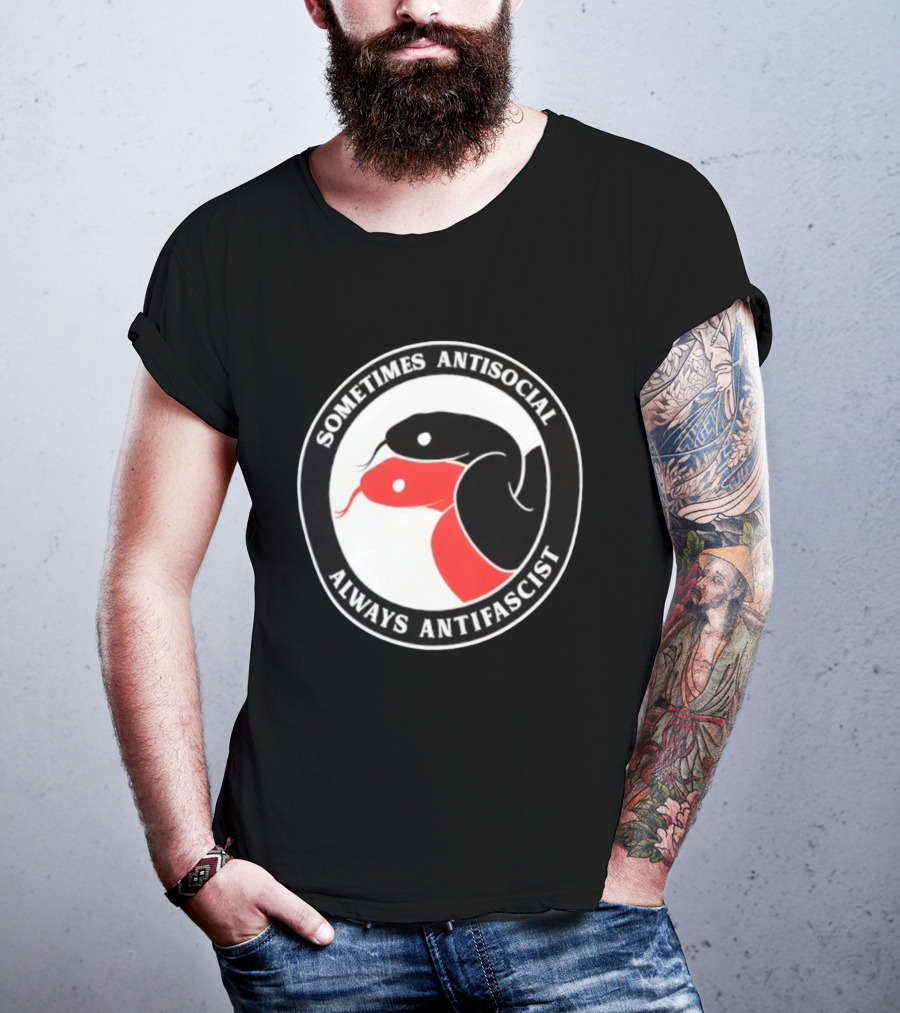 Sometimes Antisocial Always Antifascist Snakes Circle Logo Two Snakes Black And Red T-Shirt