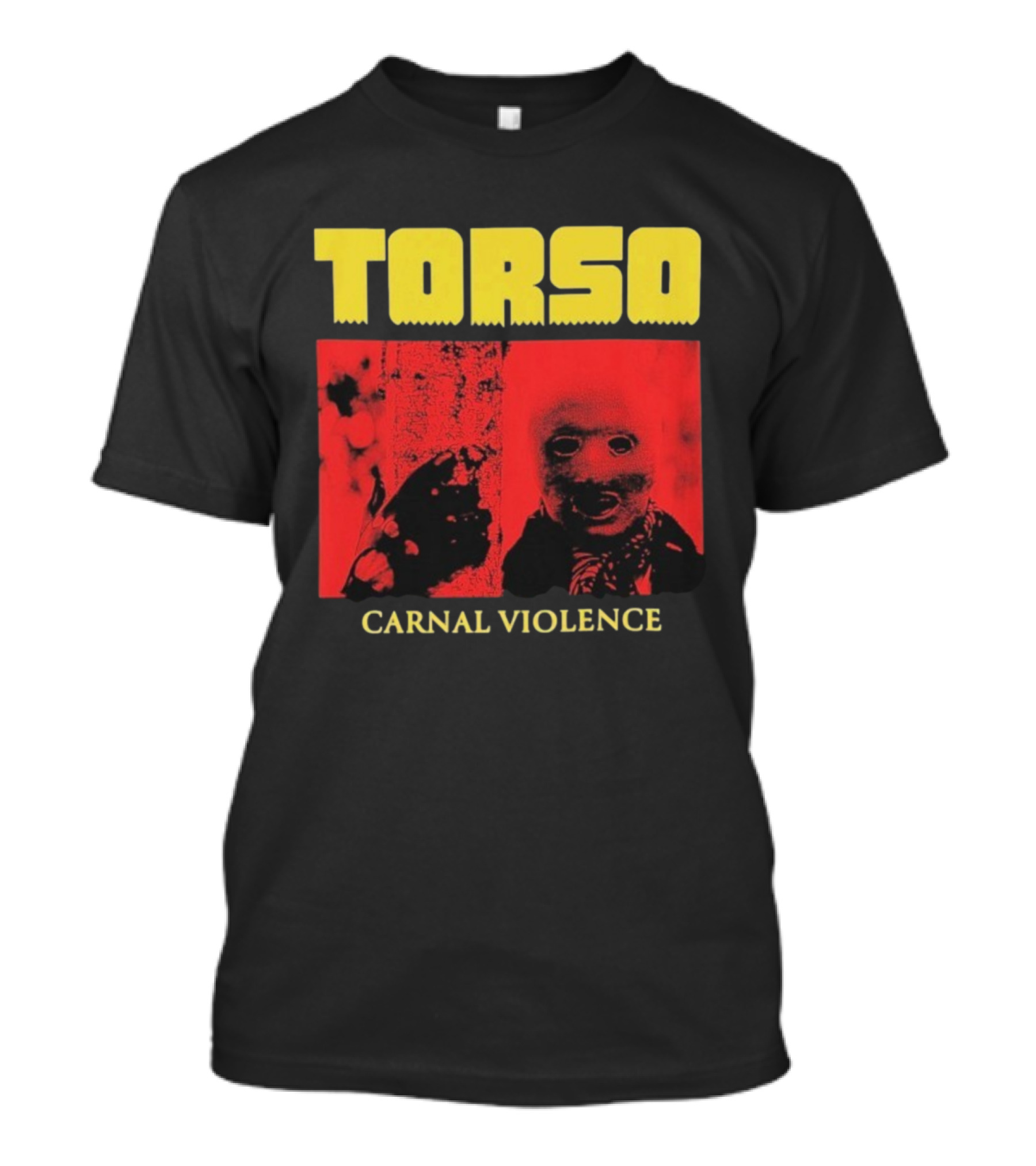 Torso Carnal Violence Horror Imagery Bold Yellow Text T-Shirt