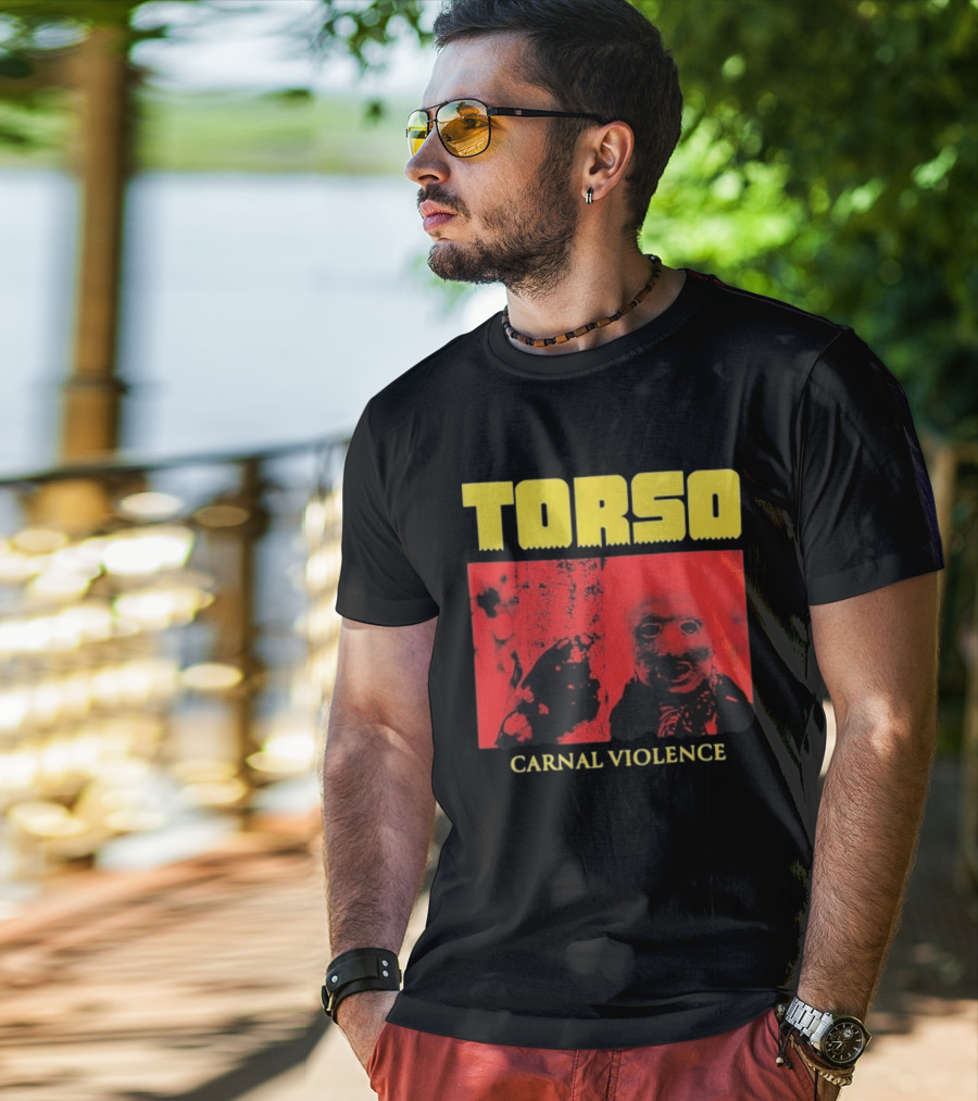 Torso Carnal Violence Horror Imagery Bold Yellow Text T-Shirt
