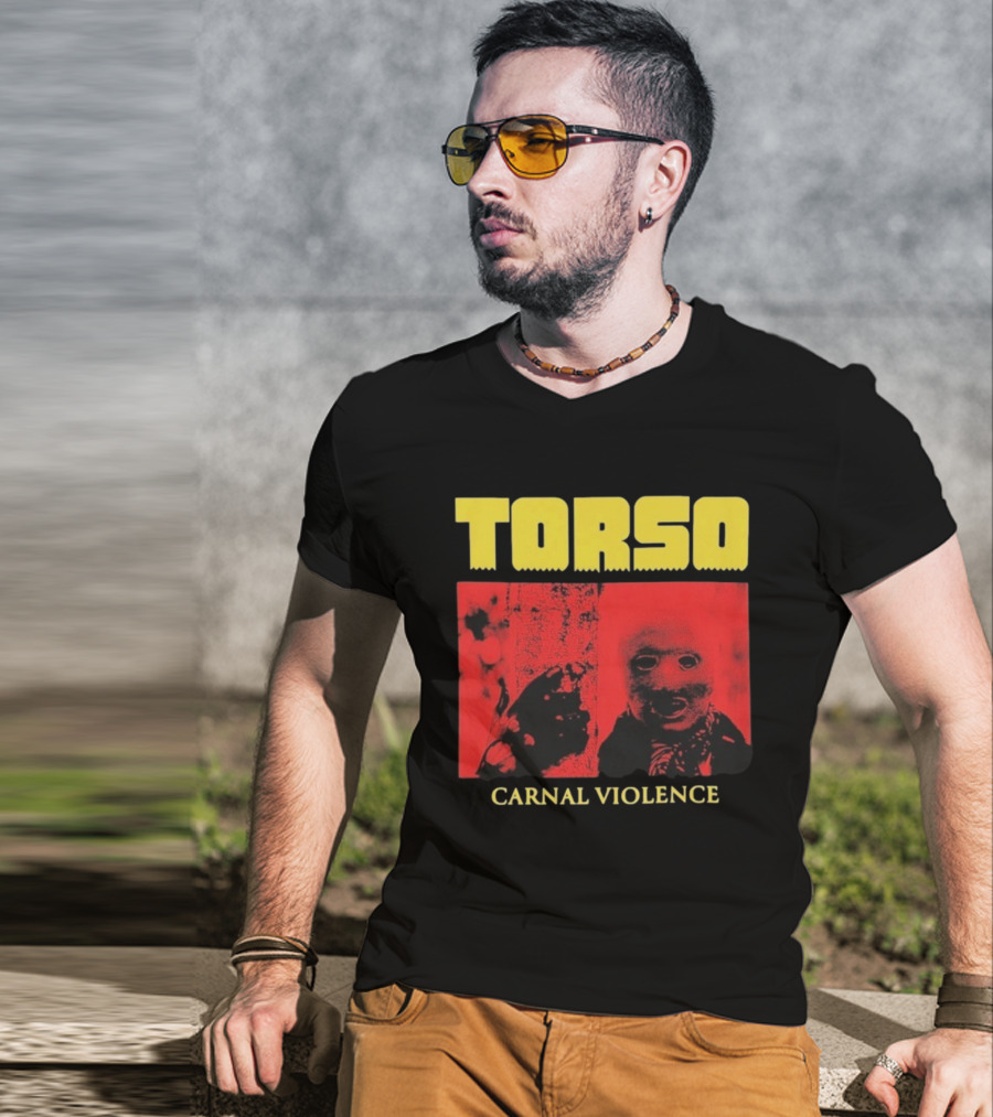 Torso Carnal Violence Horror Imagery Bold Yellow Text T-Shirt