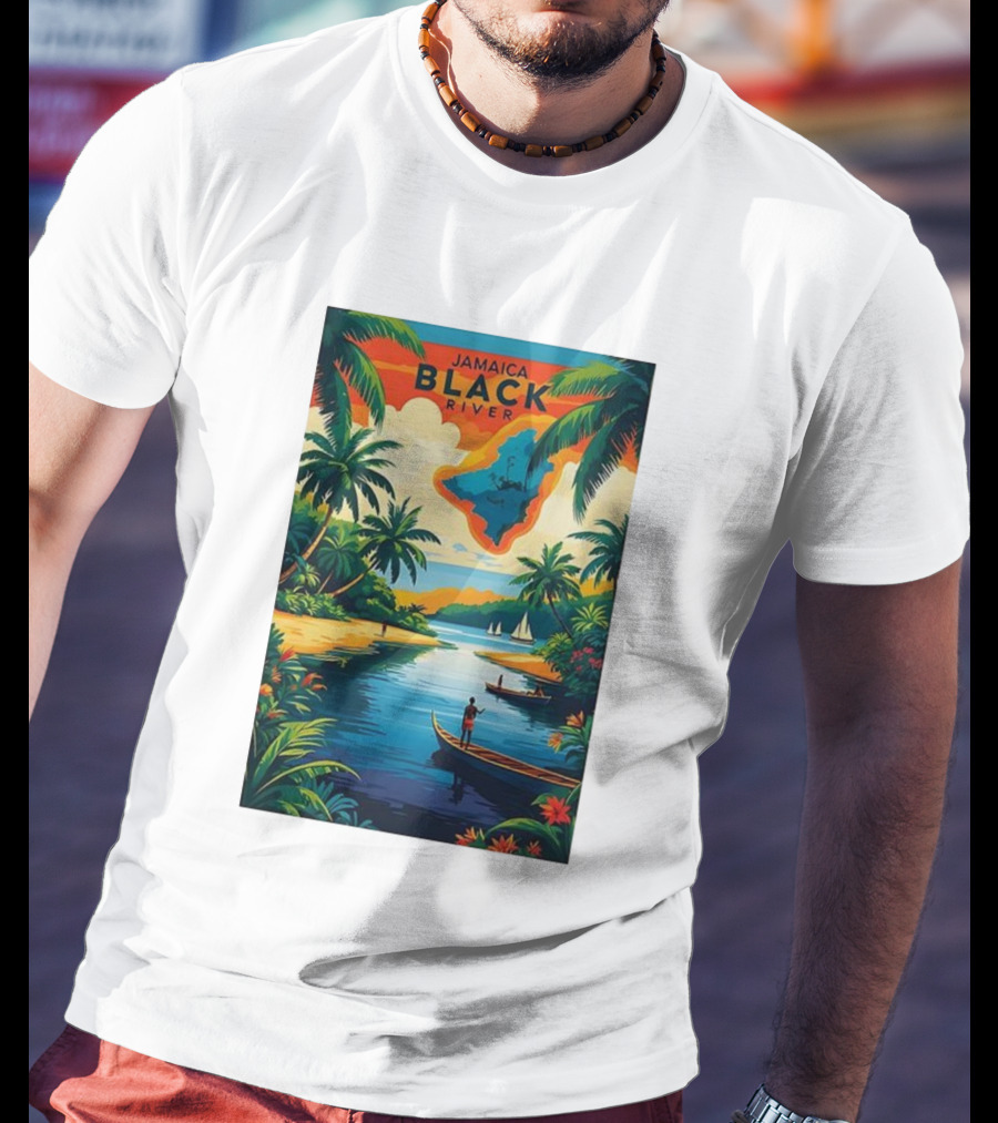 Jamaica Black River Vintage Travel Tropical Scenery With Palm Trees And Boats T-Shirt