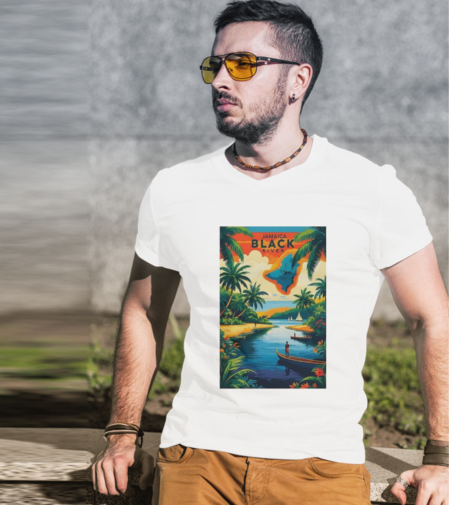 Jamaica Black River Vintage Travel Tropical Scenery With Palm Trees And Boats T-Shirt