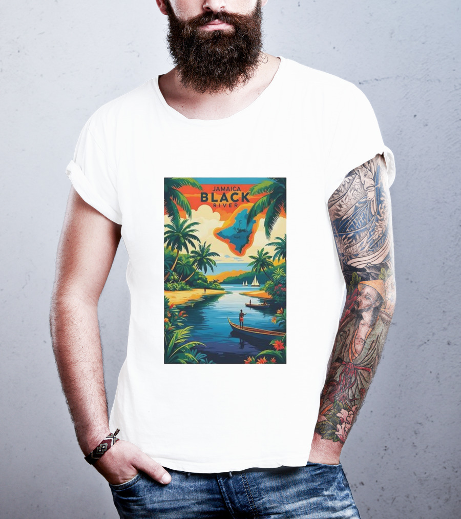 Jamaica Black River Vintage Travel Tropical Scenery With Palm Trees And Boats T-Shirt