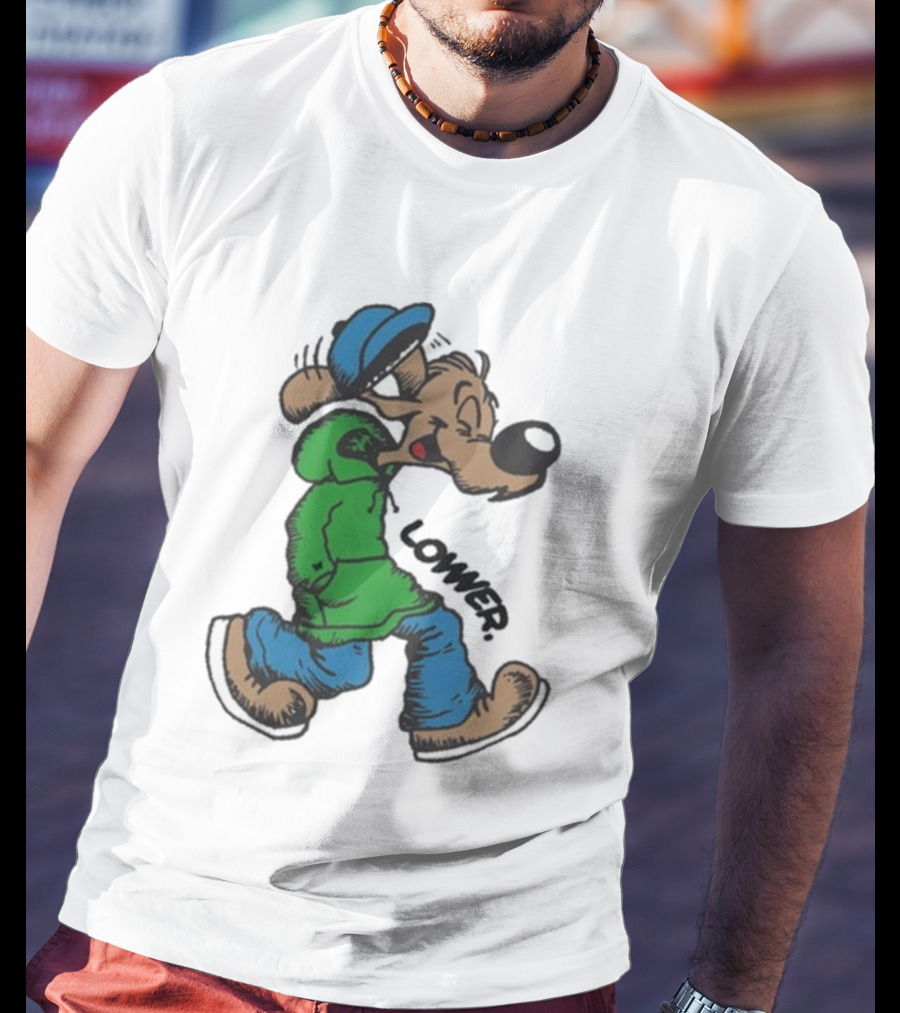 Lower Billie Hood Walkin Cartoon Character In Green And Blue Cap T-Shirt