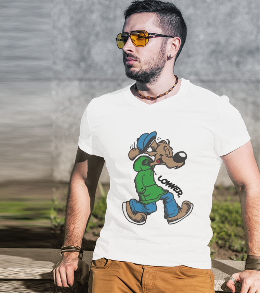 Lower Billie Hood Walkin Cartoon Character In Green And Blue Cap T-Shirt