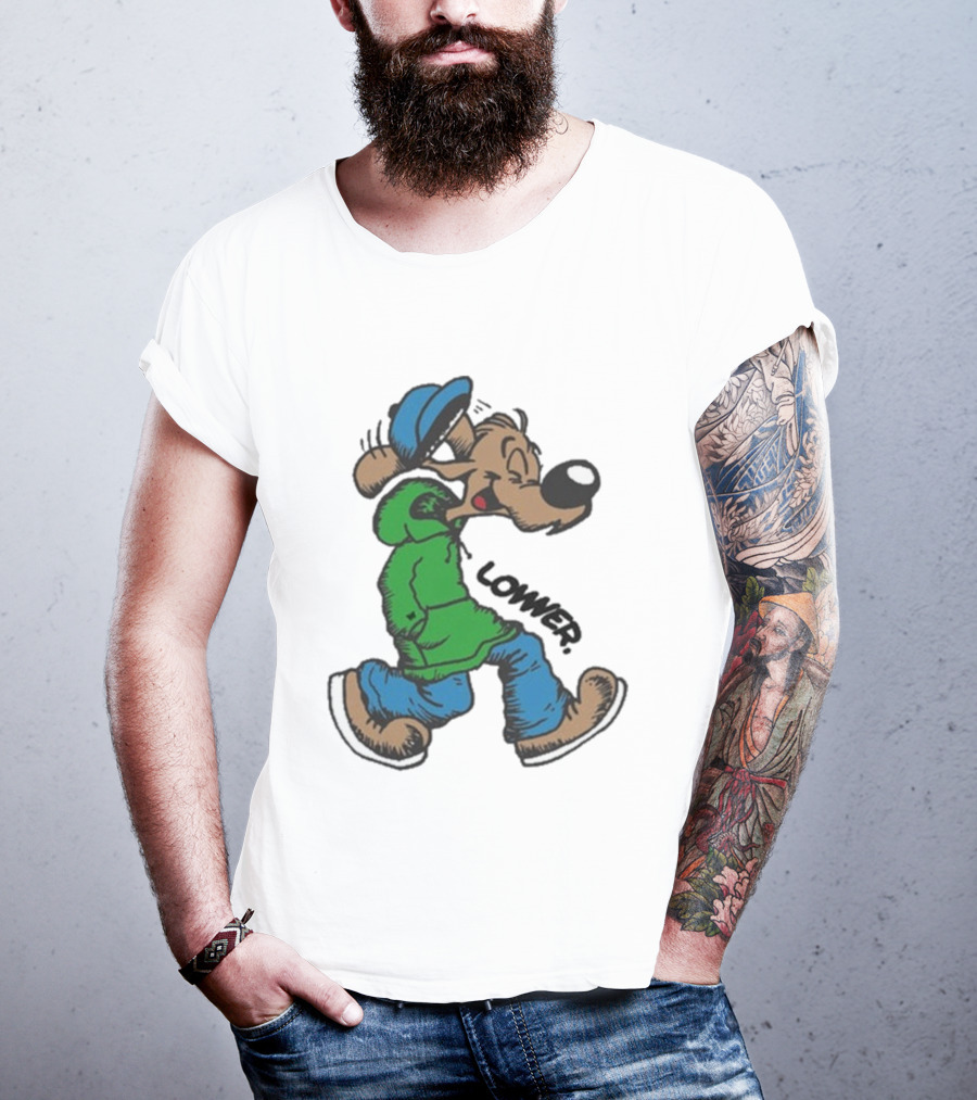 Lower Billie Hood Walkin Cartoon Character In Green And Blue Cap T-Shirt