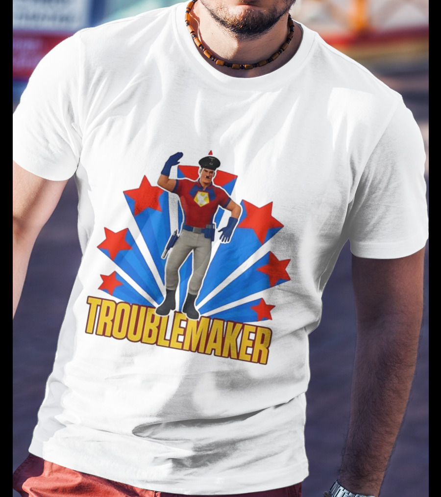 Troublemaker Character With Star Symbol And Red Blue Background T-Shirt