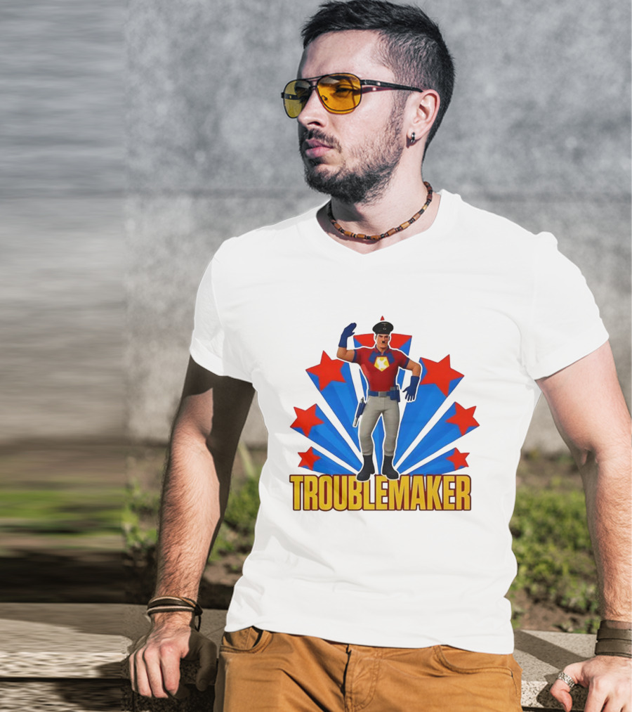 Troublemaker Character With Star Symbol And Red Blue Background T-Shirt