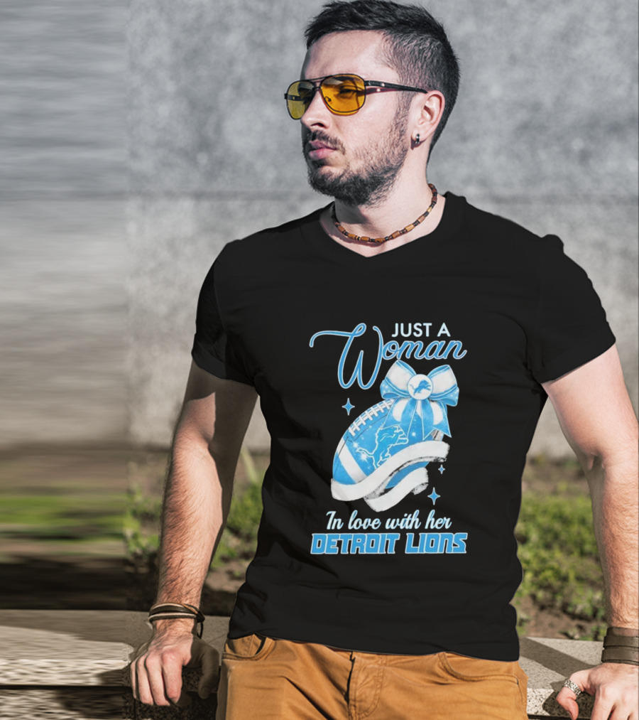 Just A Woman In Love With Her Detroit Lions Glittery Ribbon T-Shirt