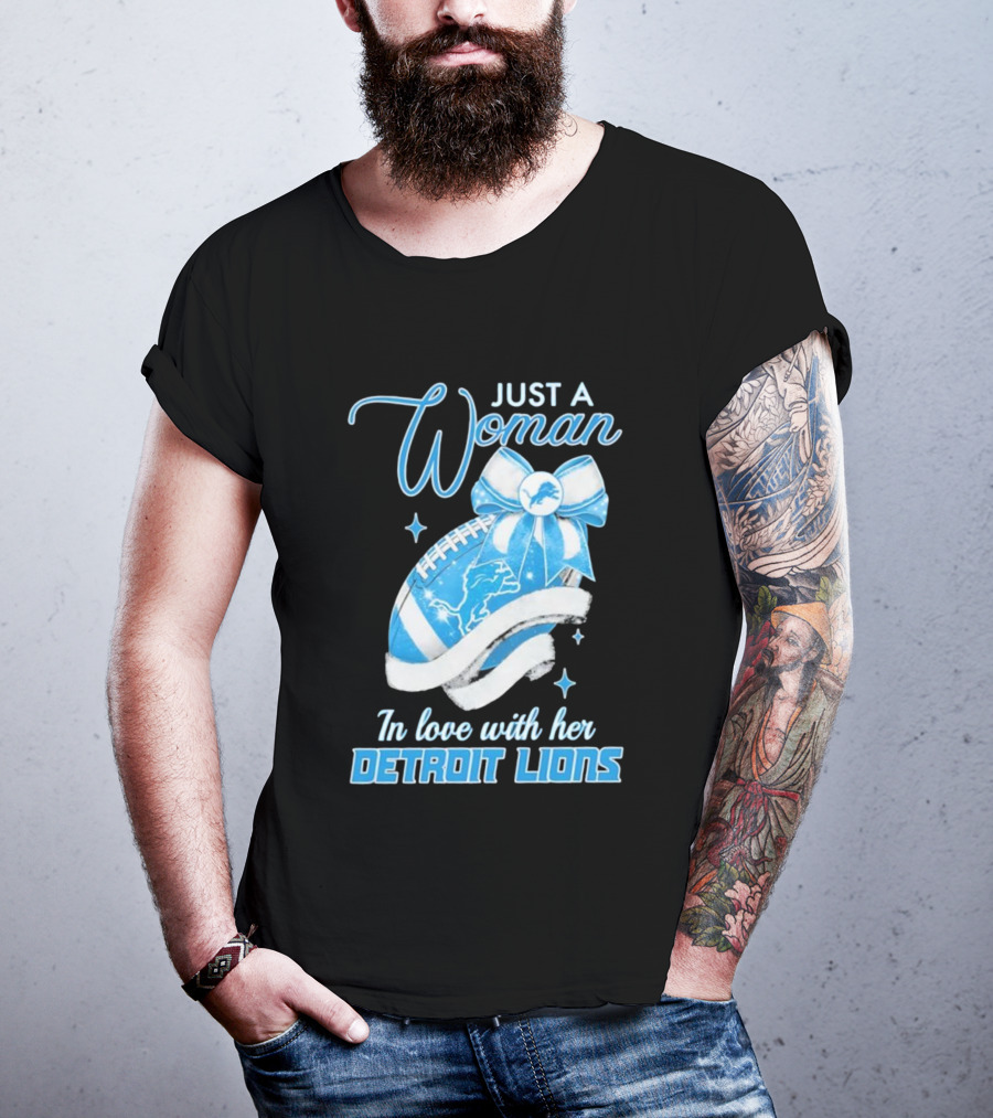 Just A Woman In Love With Her Detroit Lions Glittery Ribbon T-Shirt