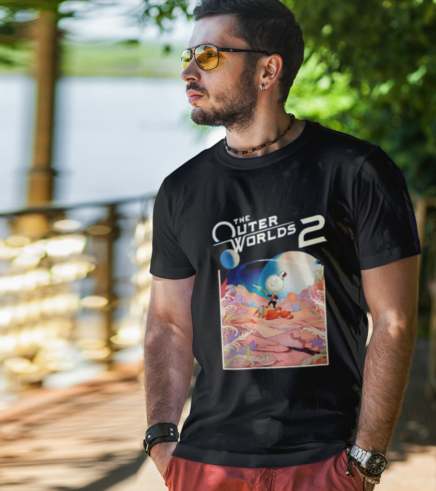 The Outer Worlds 2 Surreal Landscape With Cartoon Character T-Shirt