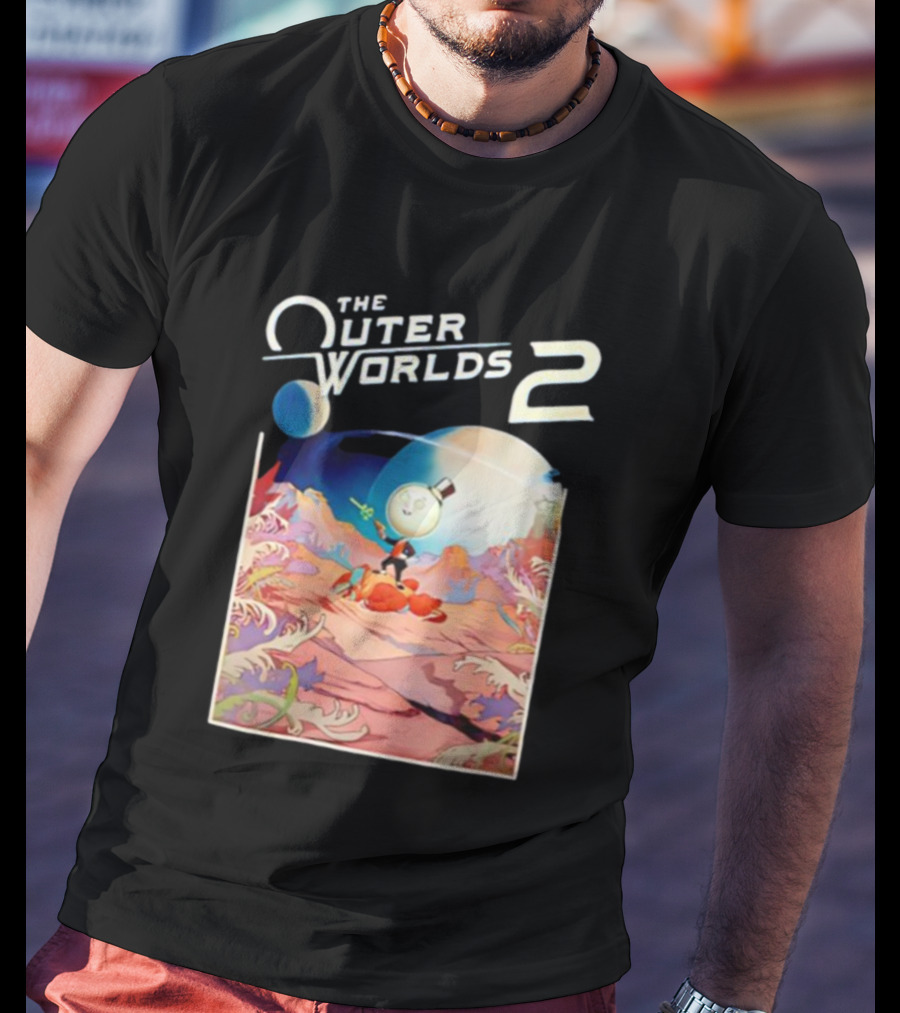 The Outer Worlds 2 Surreal Landscape With Cartoon Character T-Shirt