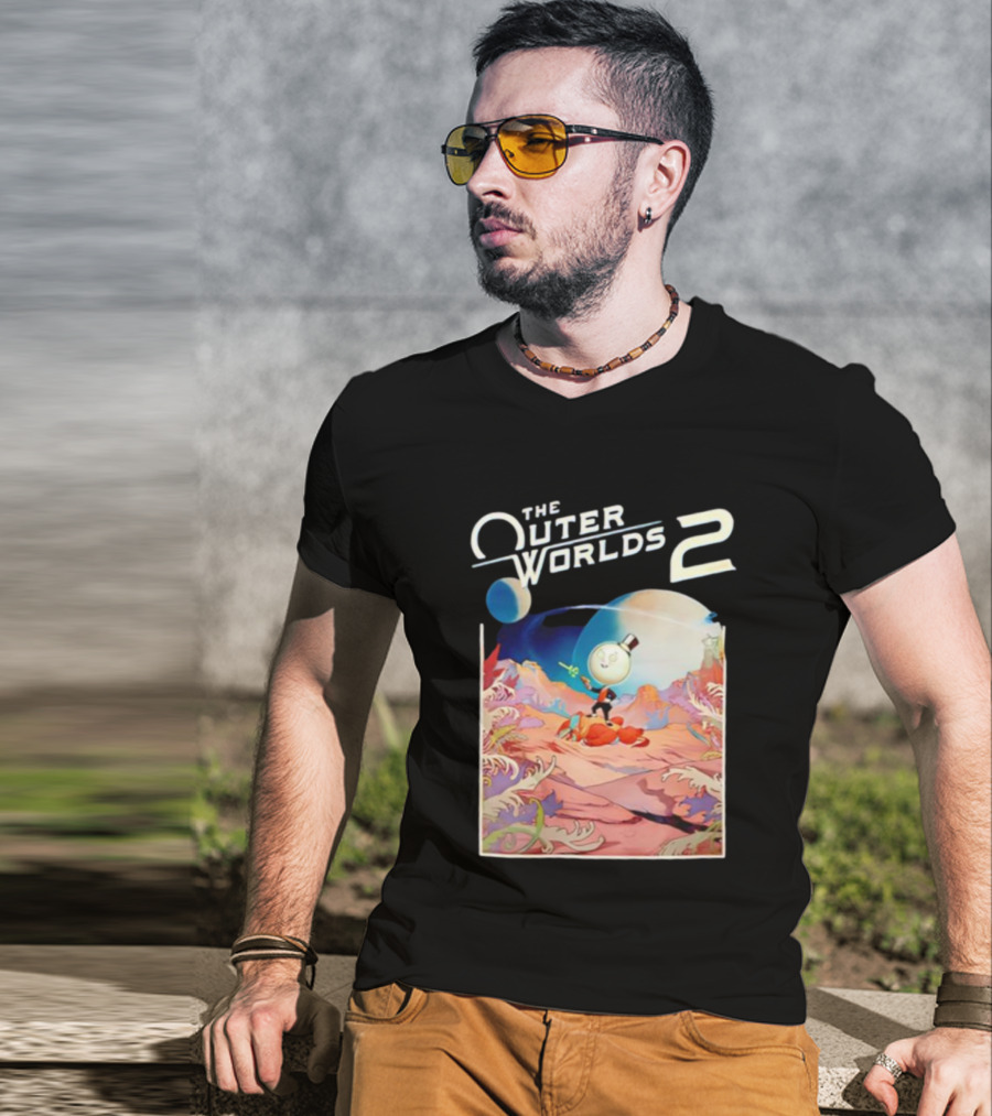 The Outer Worlds 2 Surreal Landscape With Cartoon Character T-Shirt