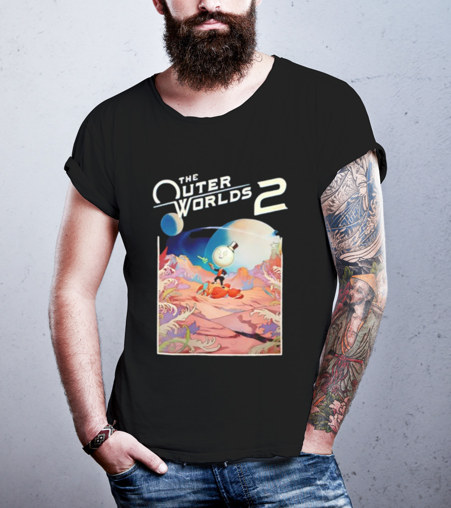 The Outer Worlds 2 Surreal Landscape With Cartoon Character T-Shirt