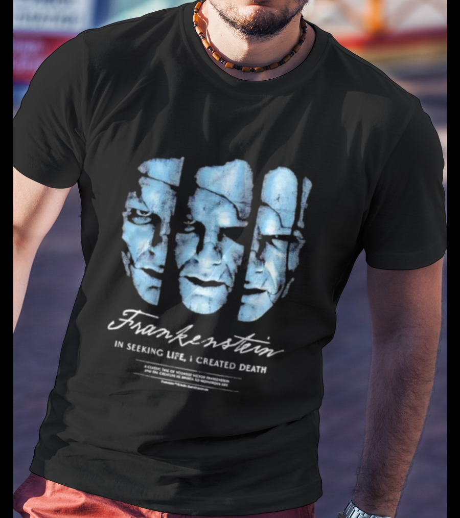 Frankenstein The Creature Seeking Life Created Death Split Face Design T-Shirt