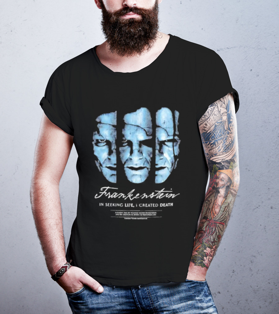 Frankenstein The Creature Seeking Life Created Death Split Face Design T-Shirt