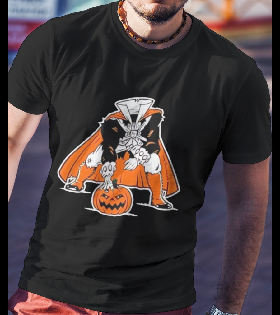 Headless Horseman Halloween Character With Pumpkin Jack O' Lantern Orange Cape Costume T-Shirt