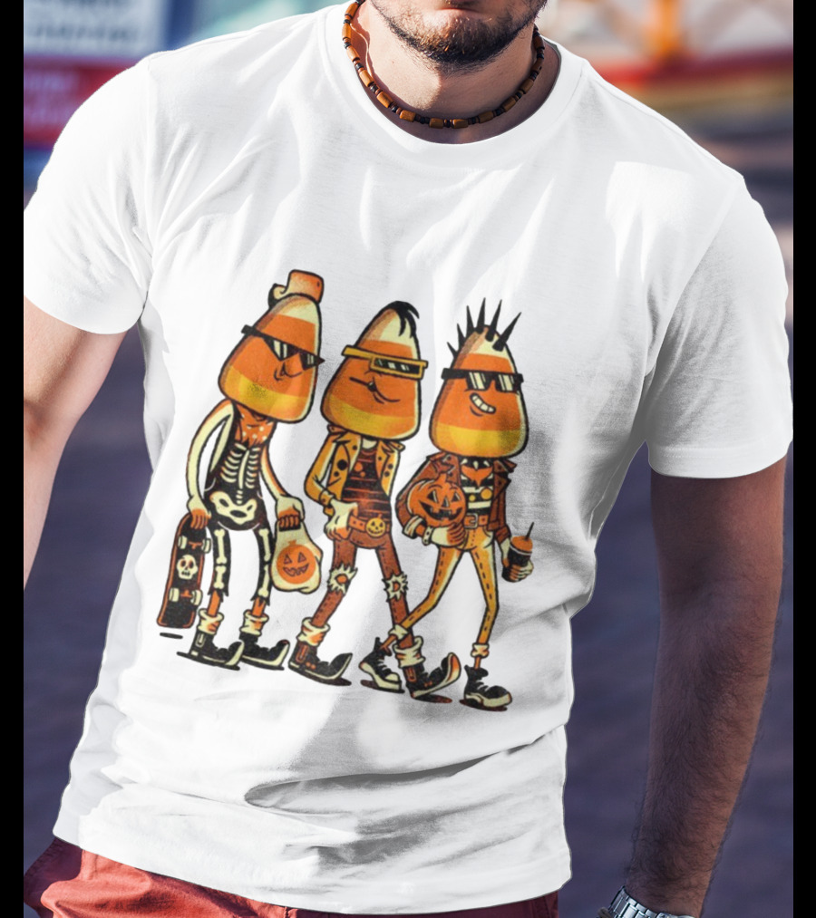 Candy Corn Punk Rock Skeleton Pumpkin Halloween Characters T-Shirt