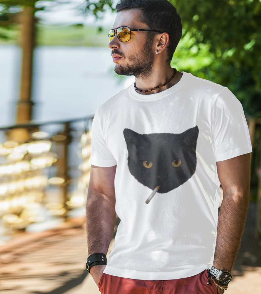 Smoking Black Cat With Yellow Eyes And Cigarette T-Shirt