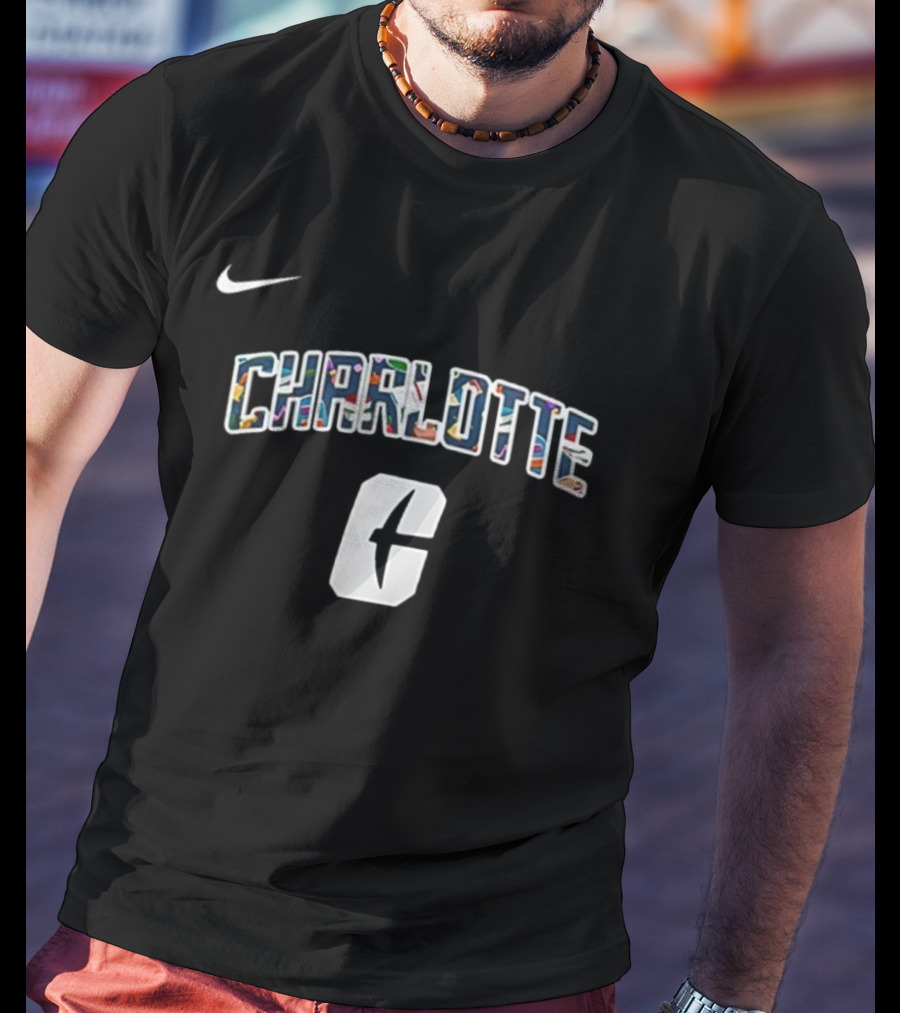 Charlotte C Logo With Nike Swoosh Multicolor Lettering T-Shirt