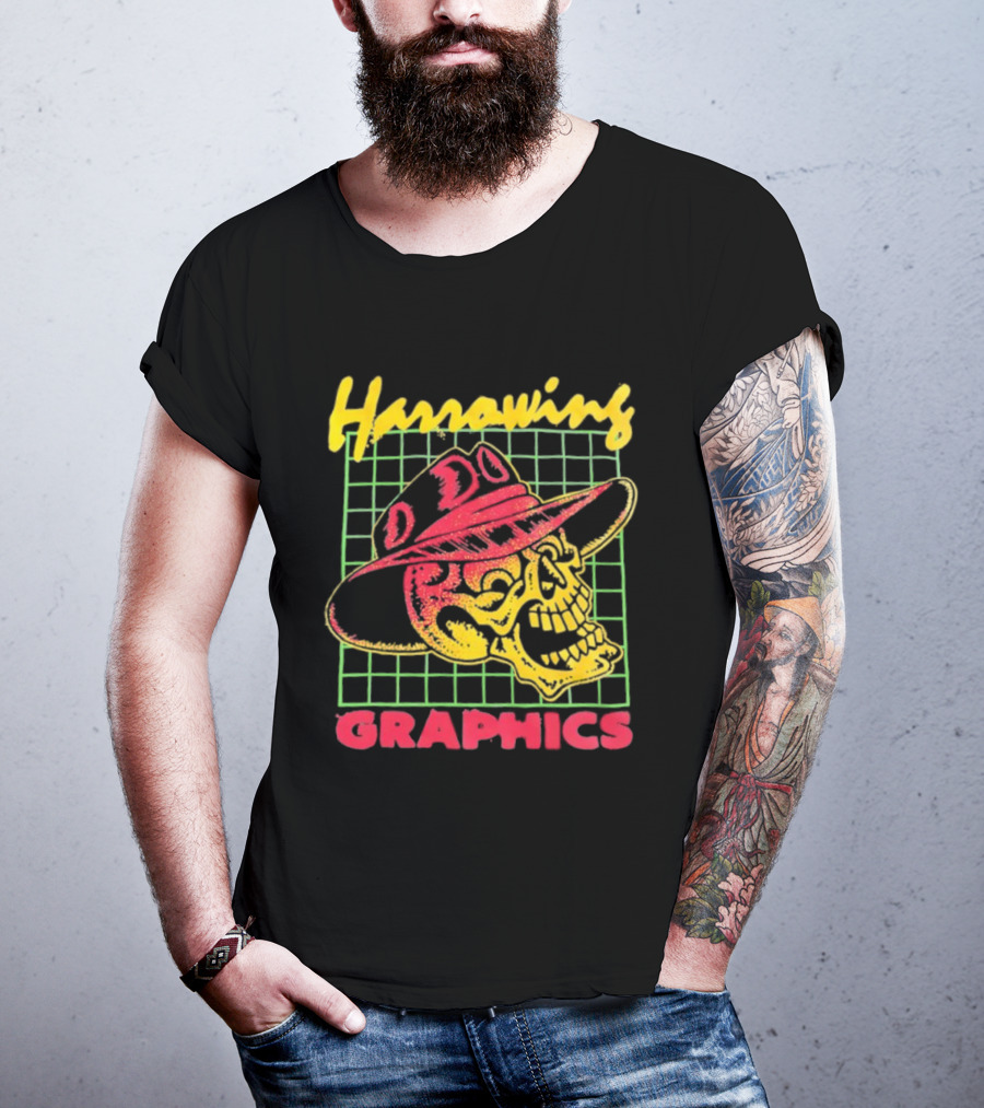 Harrowing Skull Cowboy Hat Graphics Retro Neon Style T-Shirt