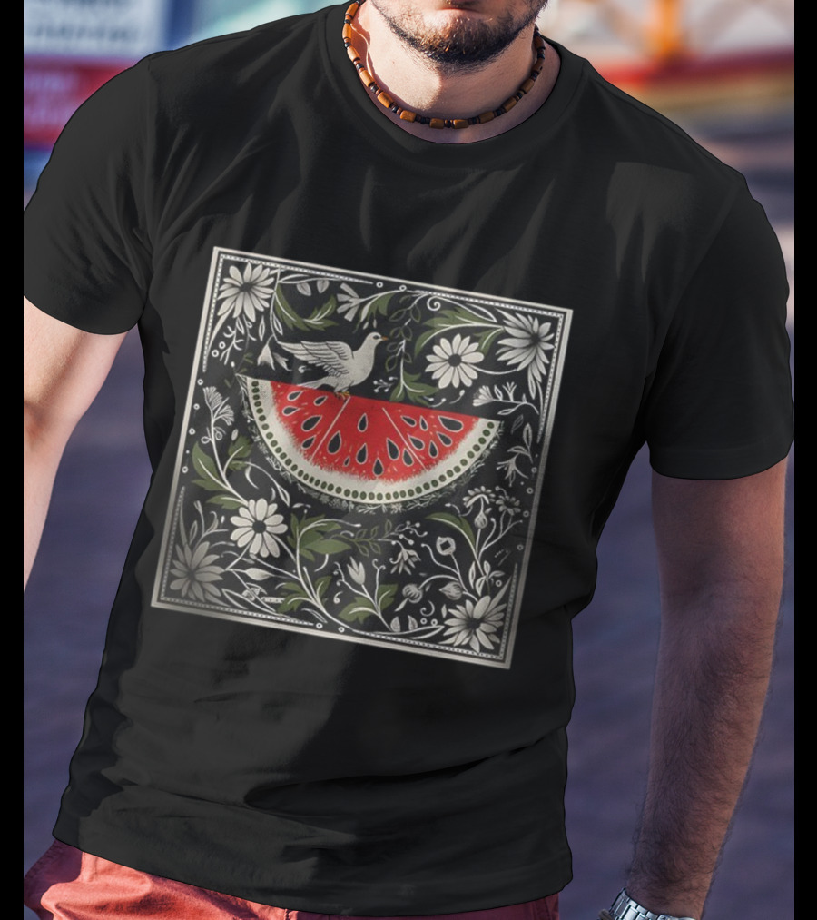 Watermelon Slice Dove Floral Pattern Palestine Solidarity T-Shirt
