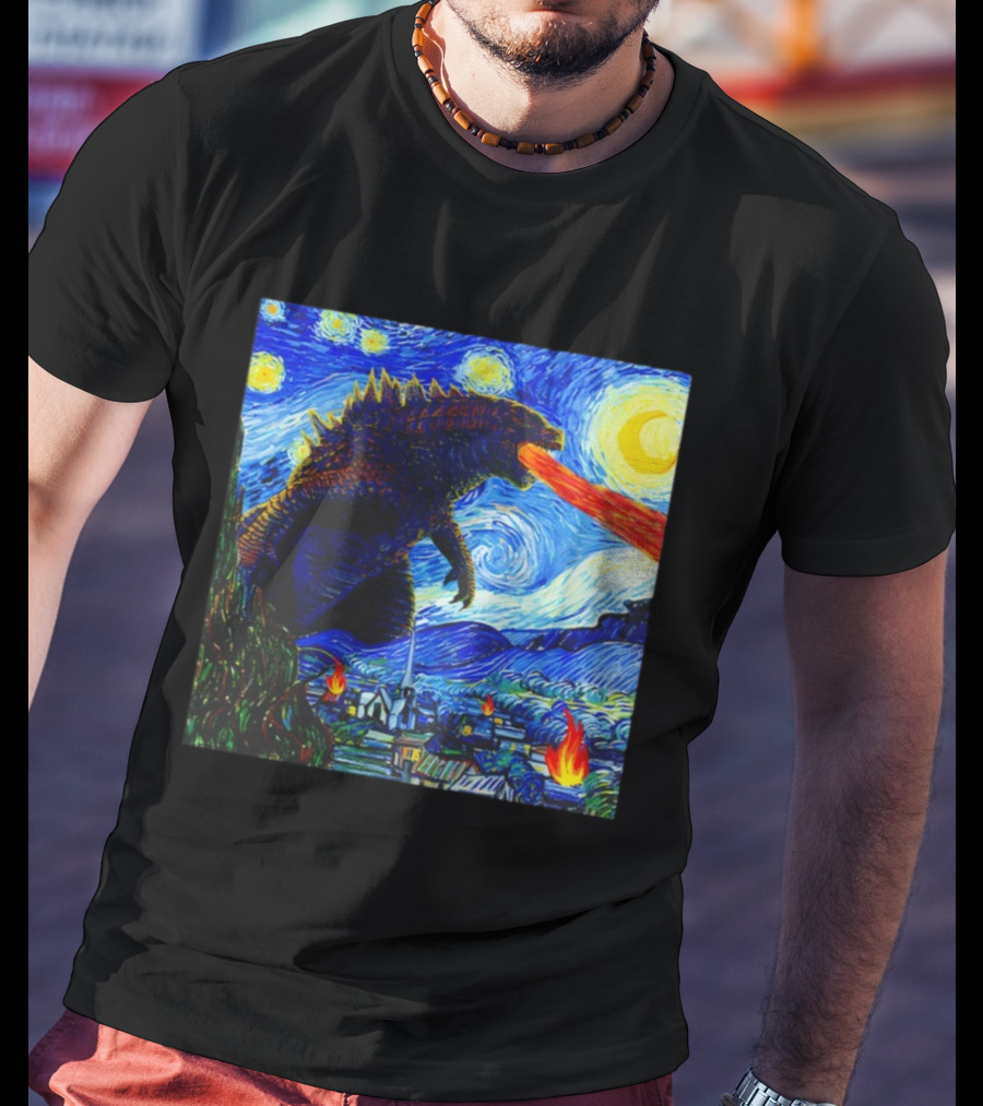 Godzilla Van Gogh Starry Night Mashup Scene T-Shirt