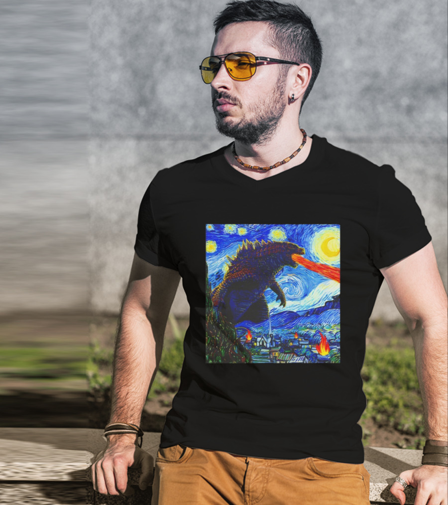 Godzilla Van Gogh Starry Night Mashup Scene T-Shirt