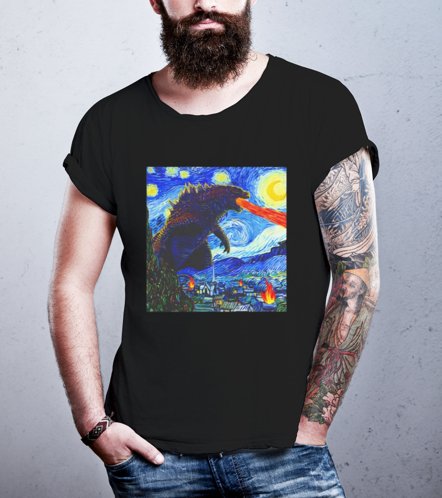 Godzilla Van Gogh Starry Night Mashup Scene T-Shirt