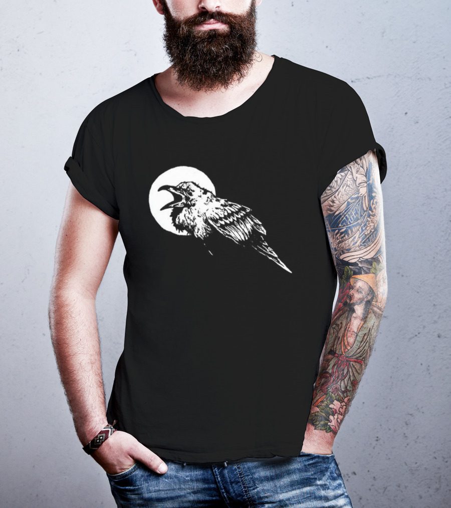 Raven Crow F Caw F Vintage Retro Bird Full Moon Silhouette In Flight T-Shirt