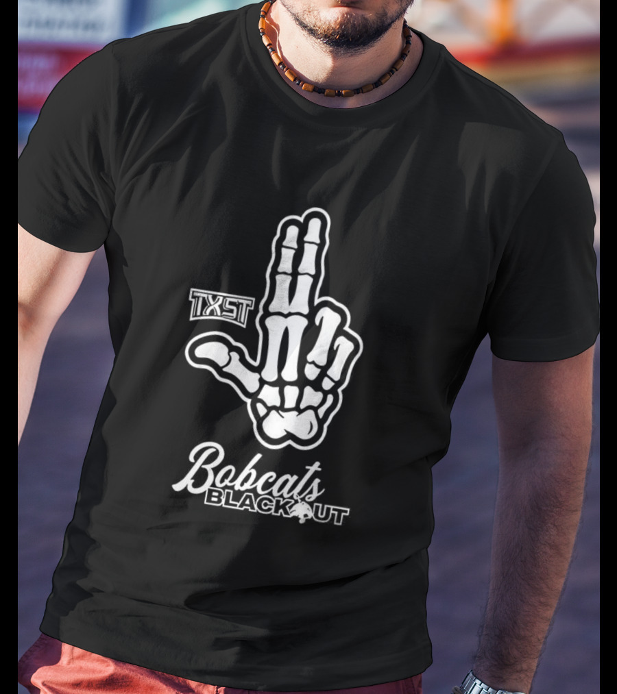 Skeleton Hand TXST Bobcats Blackout Gesture T-Shirt