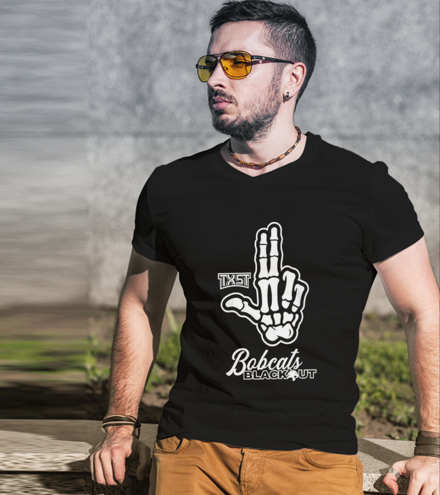 Skeleton Hand TXST Bobcats Blackout Gesture T-Shirt