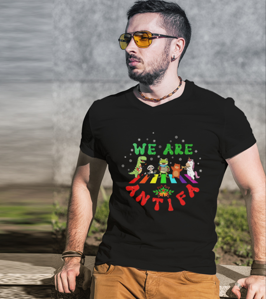 We Are Antifa Dinosaur Frog Unicorn Rainbow Christmas T-Shirt