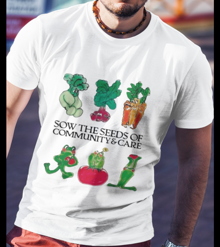 Sow The Seeds Of Community & Care With Playful Vegetable And Frog Characters T-Shirt