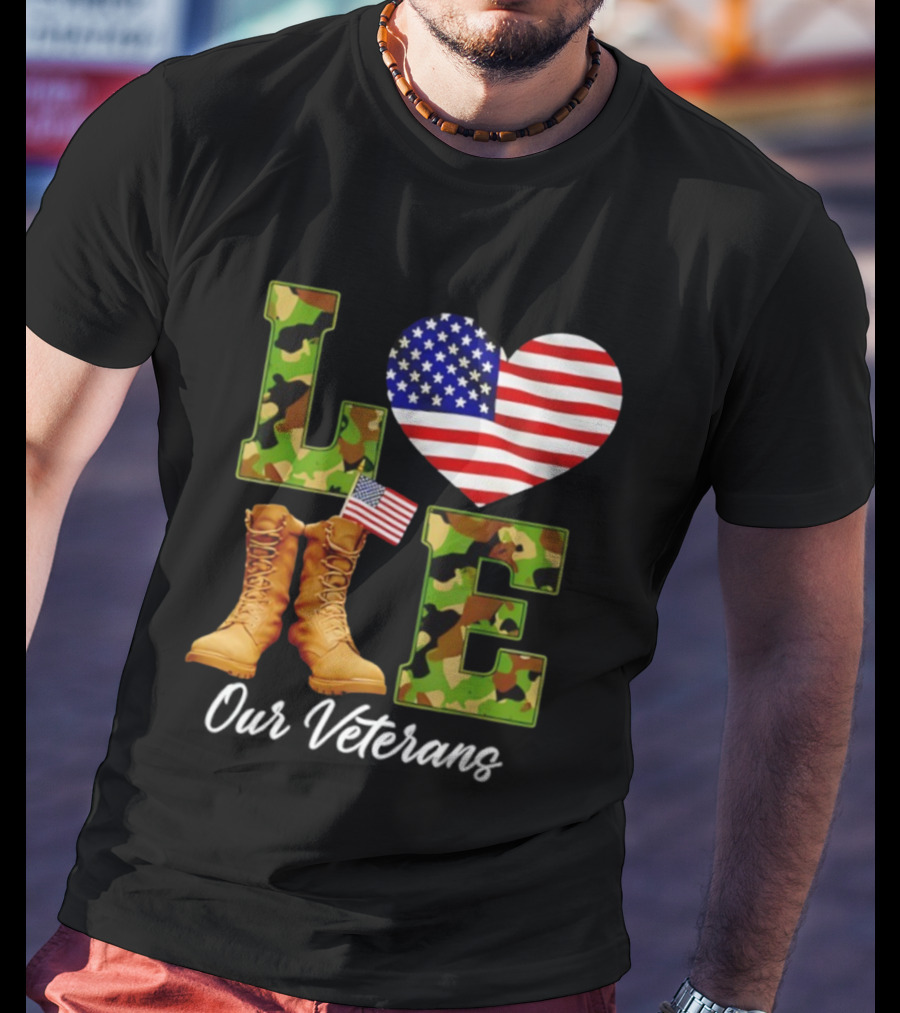 Love Veterans Day American Flag Military Camouflage Boots T-Shirt