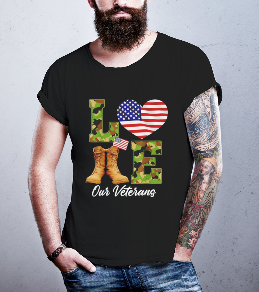 Love Veterans Day American Flag Military Camouflage Boots T-Shirt