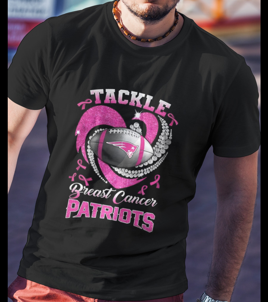 Tackle Breast Cancer New England Patriots Pink Ribbon Heart Football T-Shirt