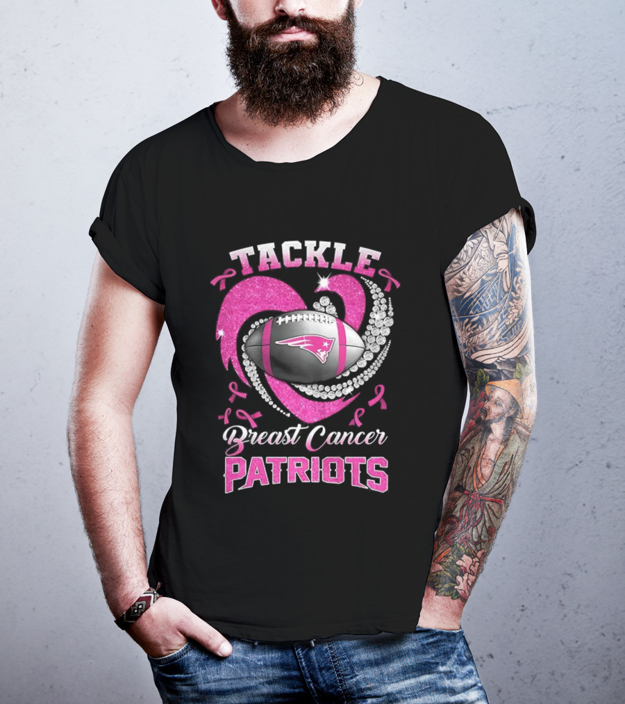 Tackle Breast Cancer New England Patriots Pink Ribbon Heart Football T-Shirt