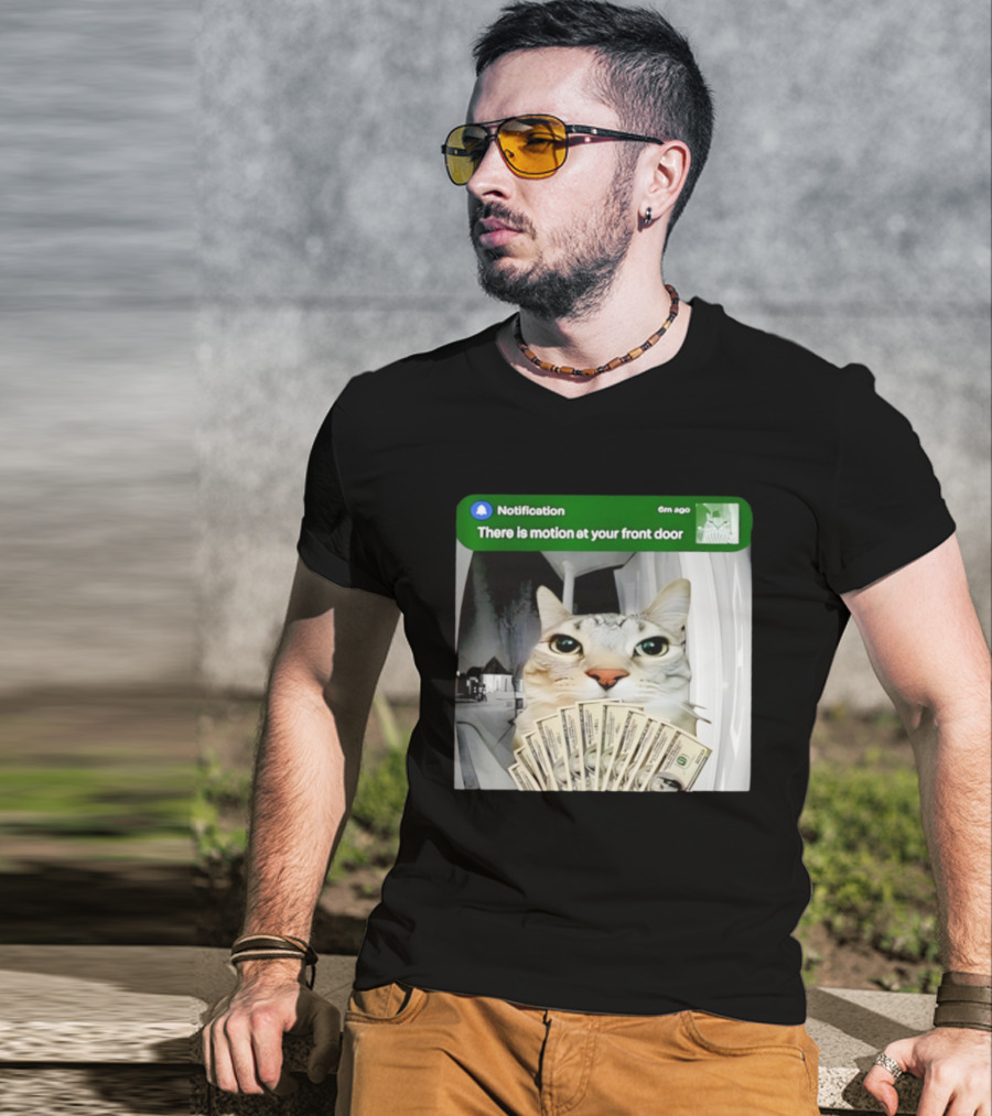 Notification Funny Cat Meme Motion At Your Front Door Money T-Shirt