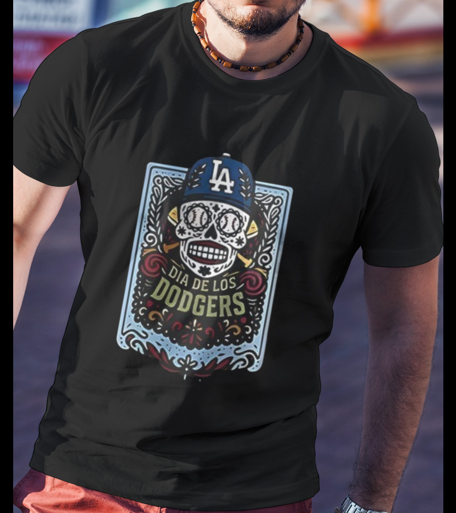 Dia De Los Dodgers LA Skull Baseball Icon T-Shirt