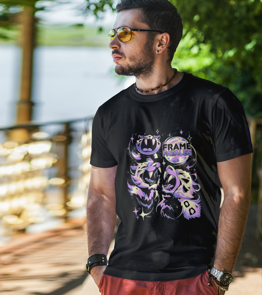 Three Faith Moon Frame Fatales Neon Pastel Feline Faces T-Shirt