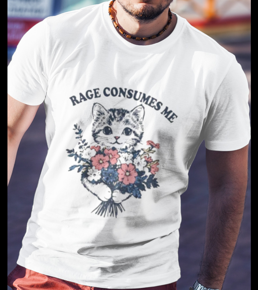Rage Consumes Me Cat Holding Flower Vintage T-Shirt