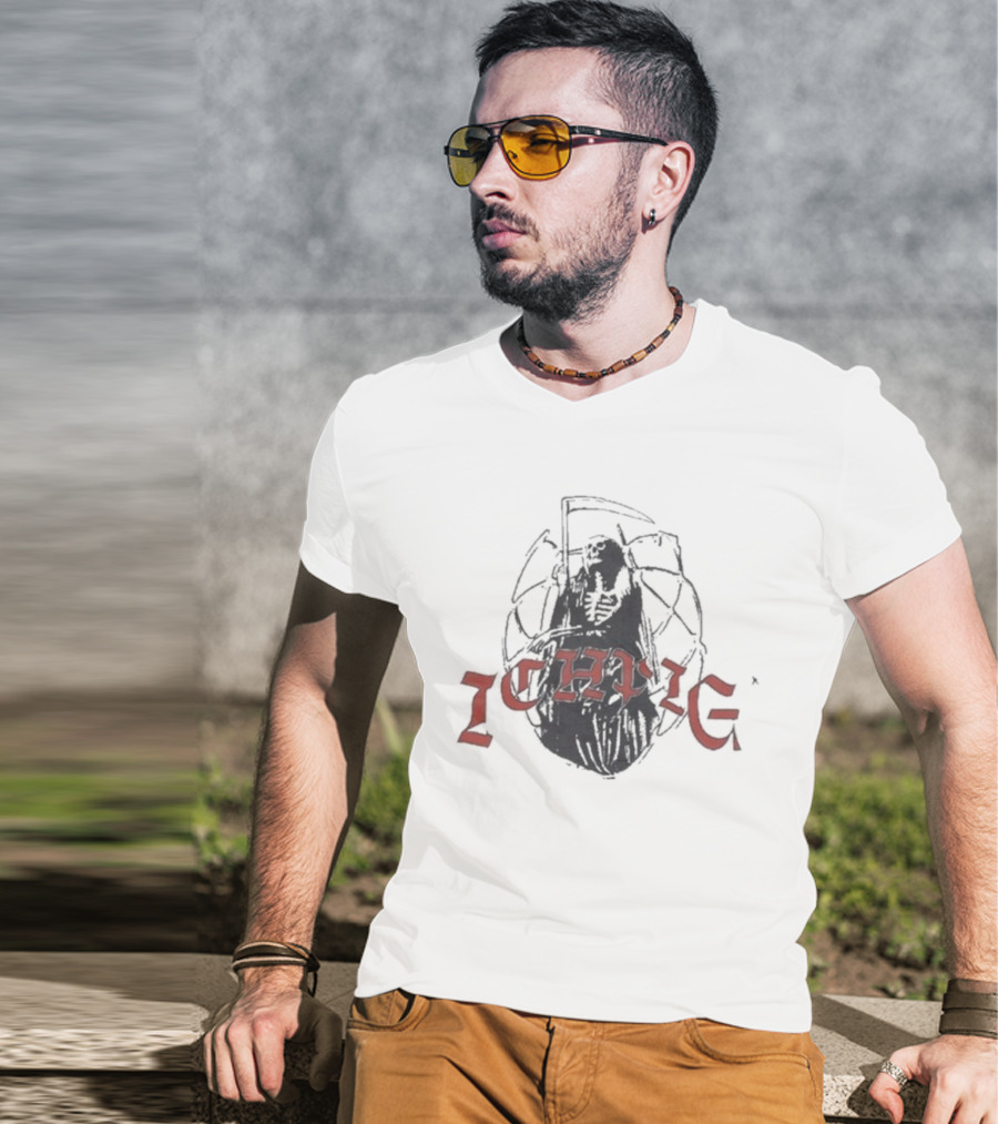 Ichpig Grim Reaper Ichpig Red Arch Text Over Black Cloaked Skeleton T-Shirt