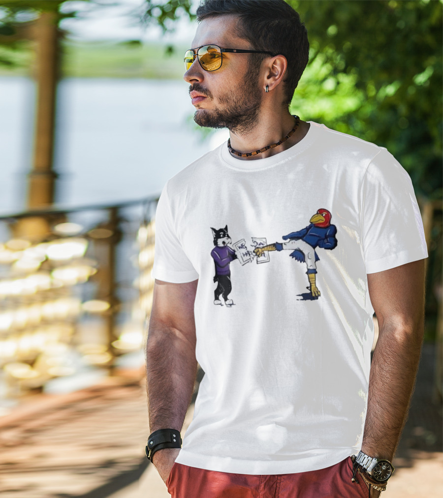 Kansas Jayhawk Mascot Kicking Wildcat We Own State T-Shirt