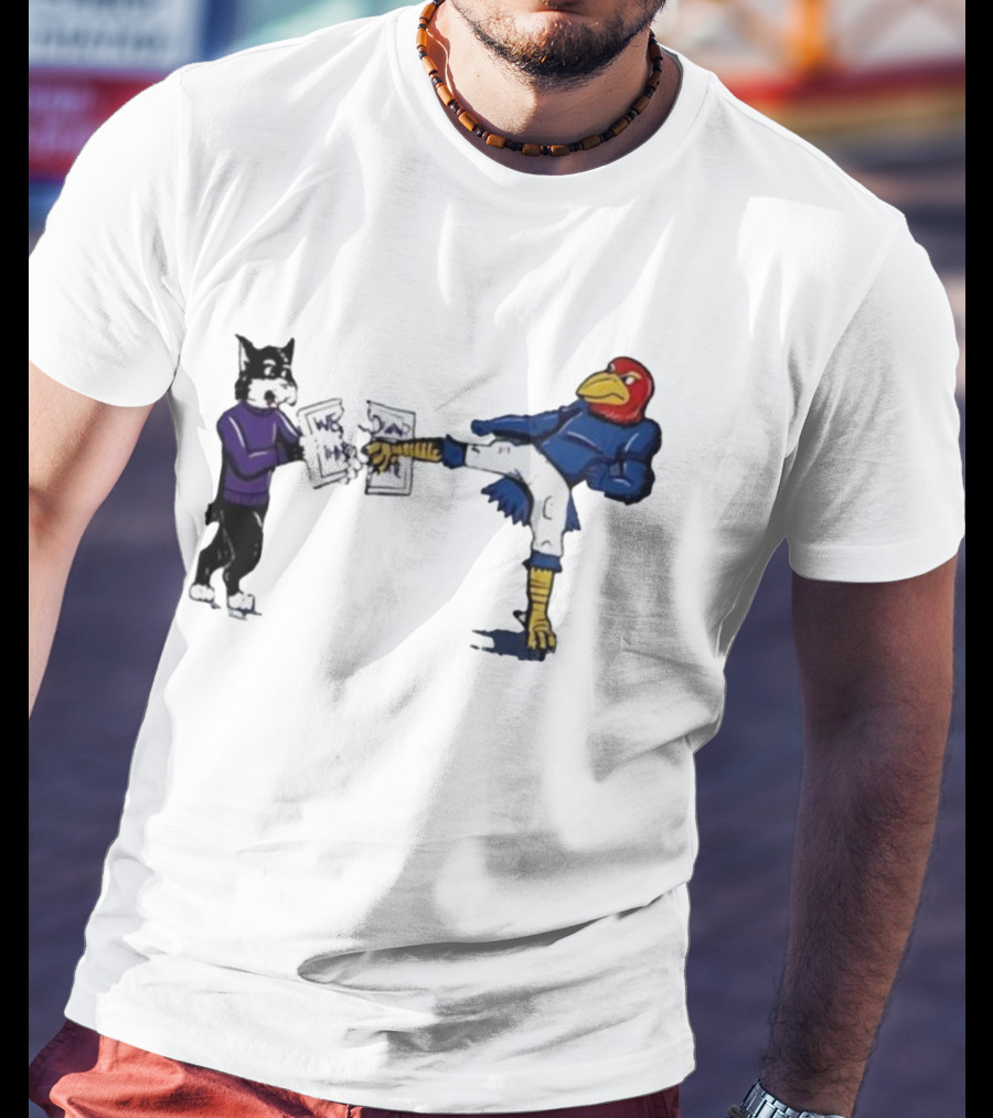 Kansas Jayhawk Mascot Kicking Wildcat We Own State T-Shirt