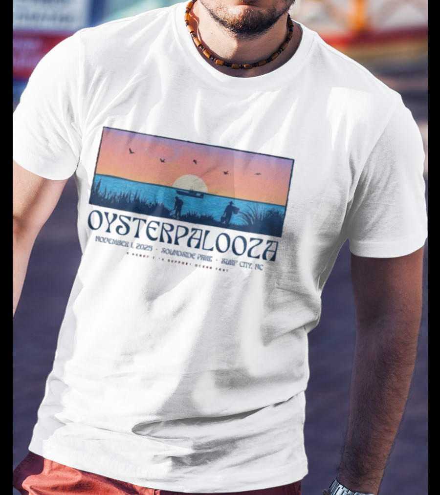 Oysterpalooza Benefit Support Ocean Fest November 1 2025 Soundside Park Surf City NC Sunset Beach Scene T-Shirt